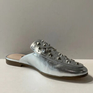 Nine West Silver Welynne Embellished Studded Silver Metallic Loafer Mules Size 7